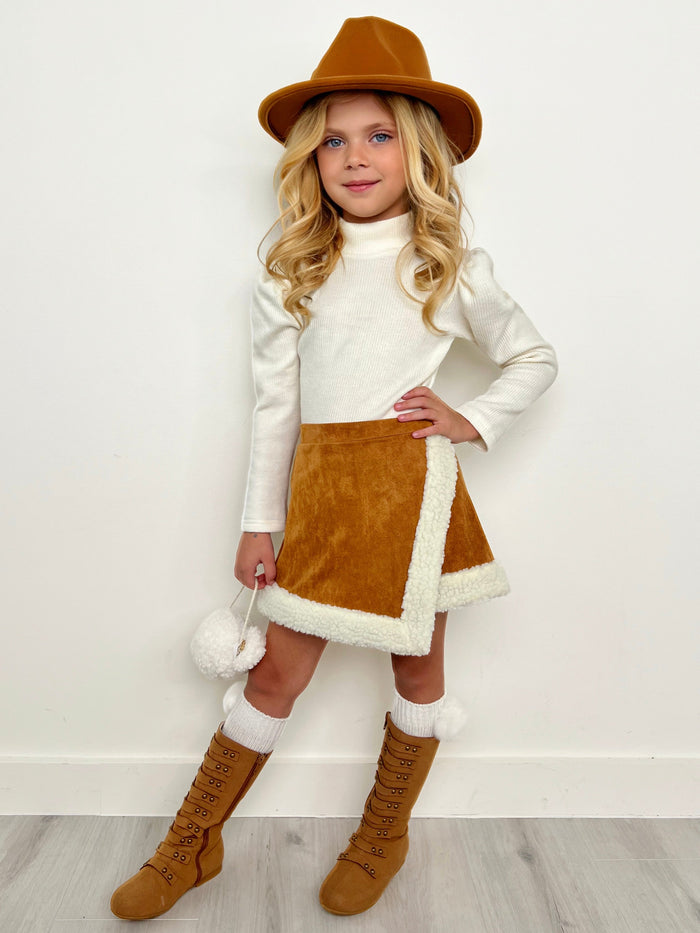 Ivory Turtleneck Top and Camel Fur Trimmed Skort Set Mia Belle Girls