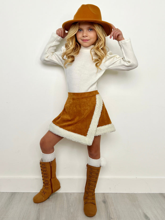 Ivory Turtleneck Top and Camel Fur Trimmed Skort Set Mia Belle Girls