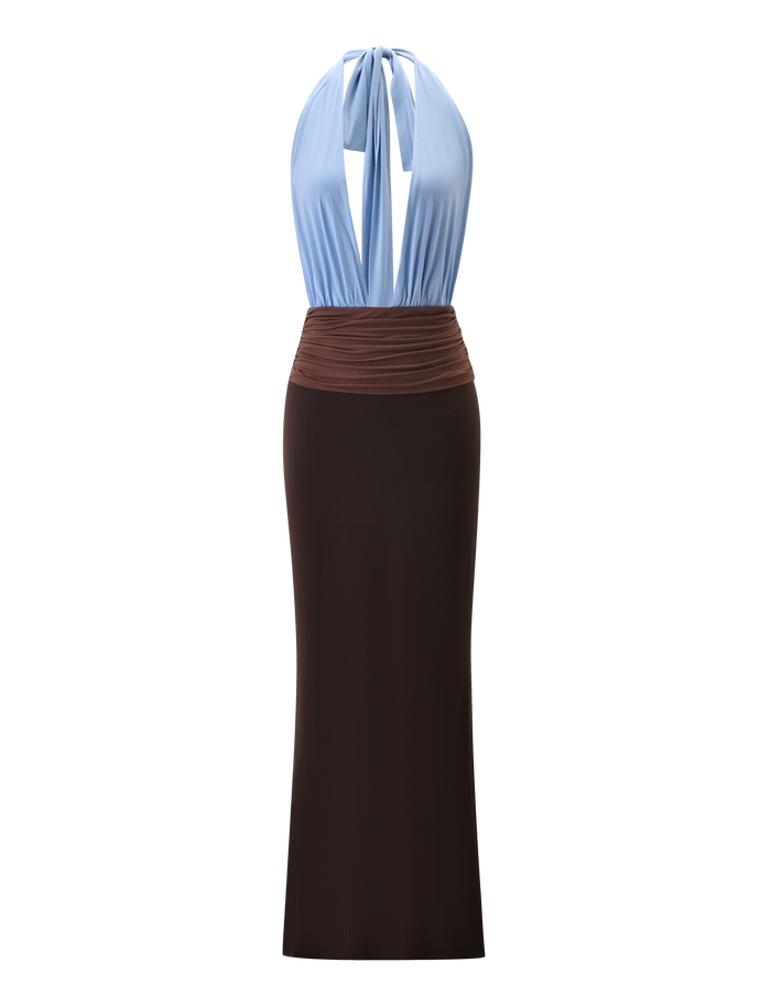 The TIGERMIST JENNI PLUNGE MAXI DRESS in blue and brown features a sleeveless, light blue halter-style top, a brown ruched waistband, and a long, straight dark brown skirt, displayed against a plain white background.