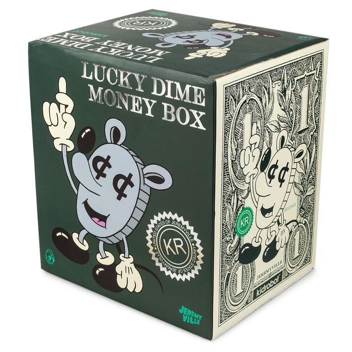 Jeremyville Lucky Money Coin vinyl art toy bank featuring a colorful, whimsical art figure with a coin slot on its back.