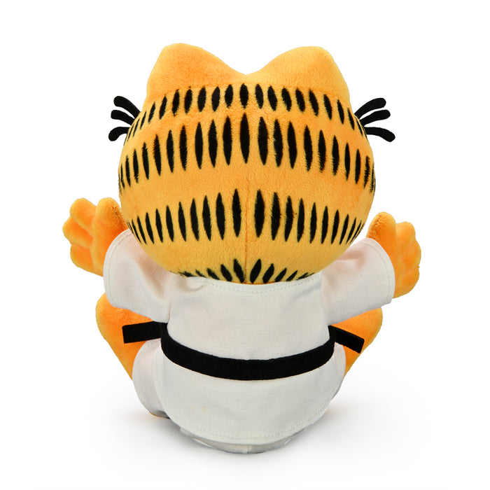 Garfield plush wearing a karate gi, medium size, by Kidrobot, featuring Garfield's signature orange fur and martial arts outfit.
