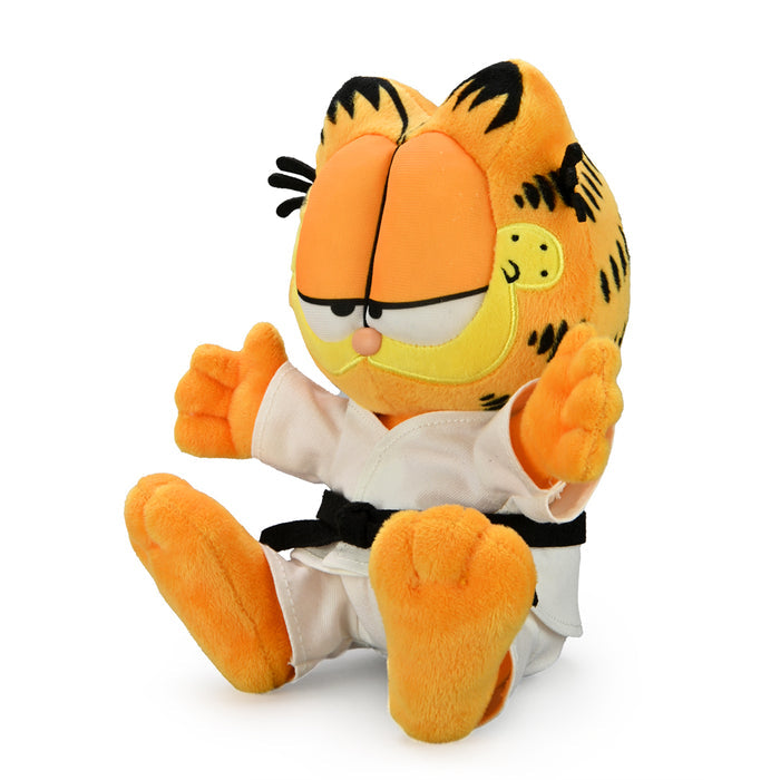 Garfield plush in a karate gi, medium size, by Kidrobot, featuring Garfield in a martial arts outfit with detailed stitching.