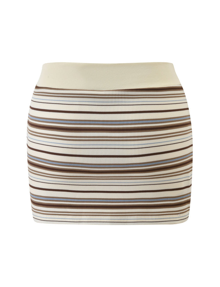 The KAYDIN SKORT - CREAM STRIPE by TIGERMIST is a ribbed, fitted mini skort with brown, beige, and cream stripes on white, featuring a contrast cream waistband and bodycon fit for a flattering look.