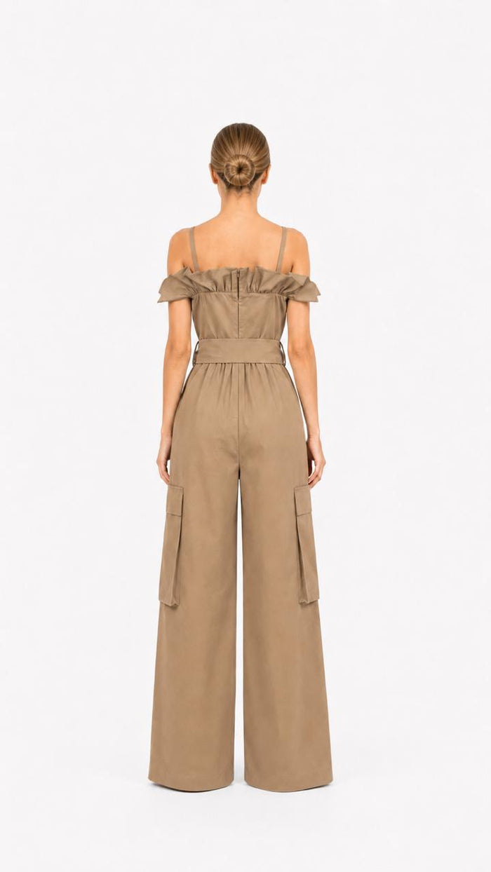 Khaki Off-Shoulder Utility Jumpsuit – AURELIA