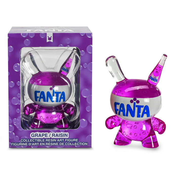 Kidrobot Fanta Grape 3-inch resin Dunny art figure in vibrant purple with detailed design, showcasing Coca-Cola collaboration.