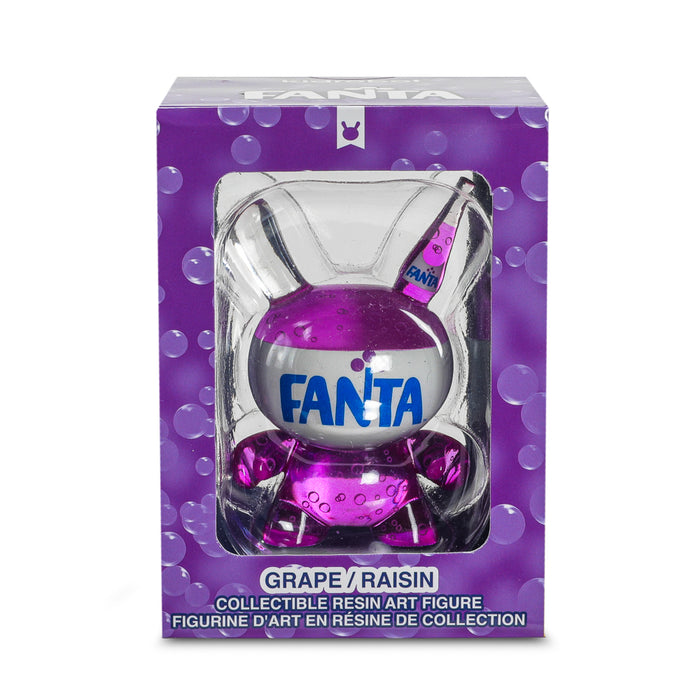 Kidrobot Fanta Grape 3-inch resin Dunny art figure featuring vibrant purple grape design and Coca-Cola branding.