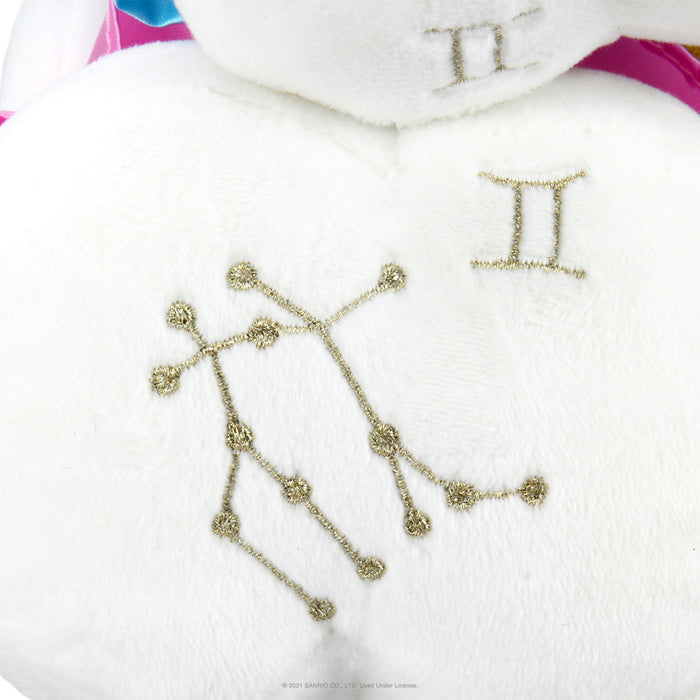 Sanrio Kidrobot Hello Kitty Zodiac Gemini plush toy, medium-sized, soft fabric, featuring Gemini zodiac symbols and details.