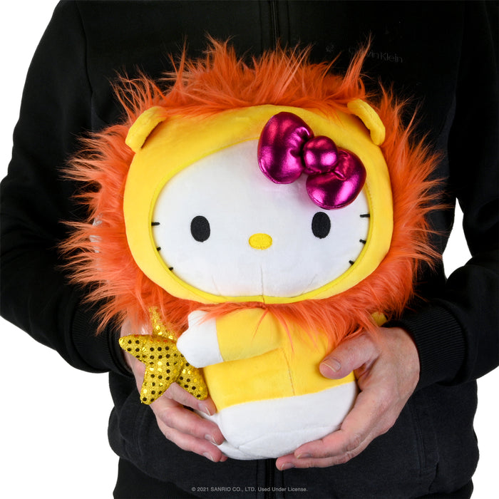 Sanrio Kidrobot Hello Kitty Zodiac Leo Edition plush, medium-sized soft toy featuring Hello Kitty dressed as Leo for Zodiac fans.