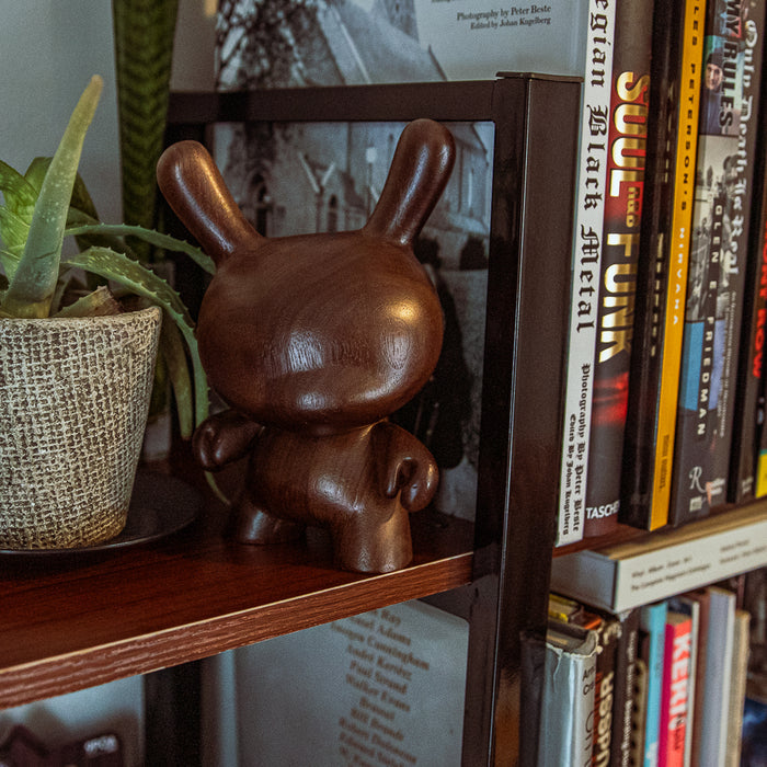 Kidrobot RAW Black Walnut 8-inch wooden Dunny toy featuring dark walnut finish, limited edition collectible art figure.