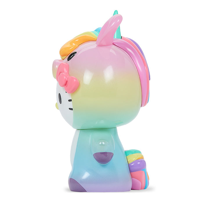Kidrobot x Hello Kitty unicorn 8-inch vinyl art figure in prismatic edition, featuring colorful, detailed design against a white background.
