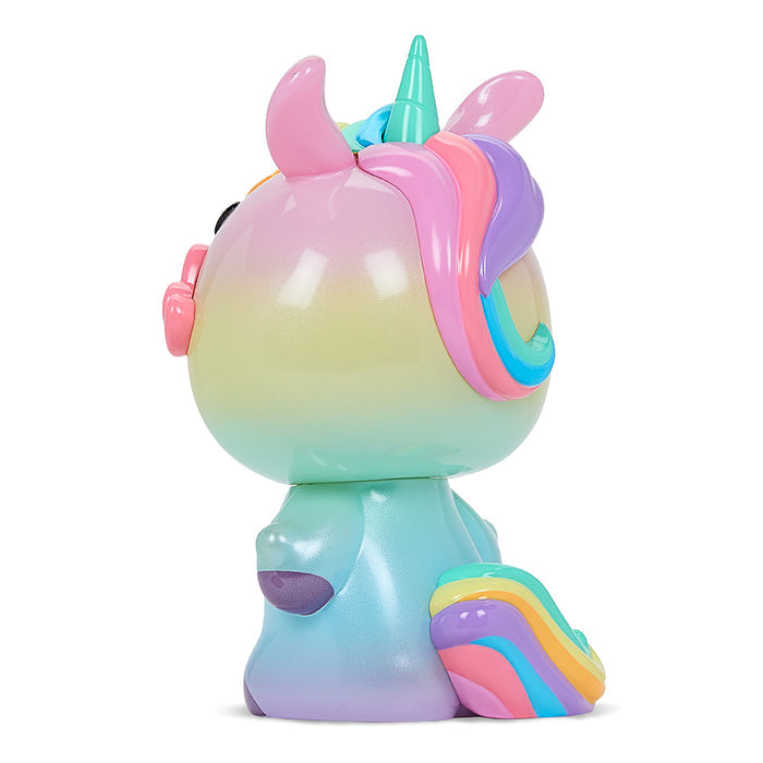Kidrobot x Hello Kitty unicorn 8-inch vinyl art figure in prismatic finish, showcasing colorful design and playful features.