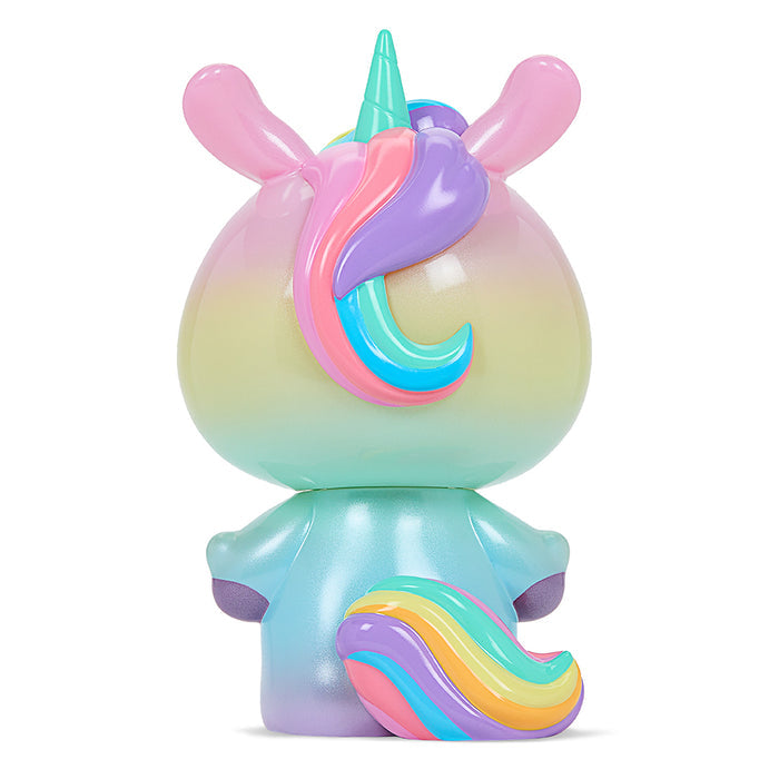 Kidrobot x Hello Kitty unicorn 8-inch vinyl art figure in prismatic edition, featuring colorful, shiny surface and playful design.