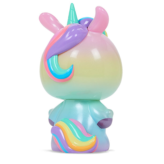 Kidrobot x Hello Kitty prismatic unicorn vinyl art figure, 8-inch Sanrio collectible with colorful, glossy finish.