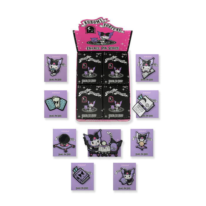 Sanrio Kuromi™ Fortune Deluxe Enamel Pins in a mystery blind box, featuring colorful character designs and collectible pins.