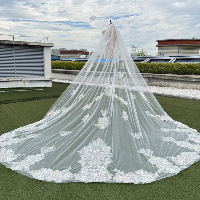 Lace Applique Long Bridal Wedding Dress Head Veil - Rosymae