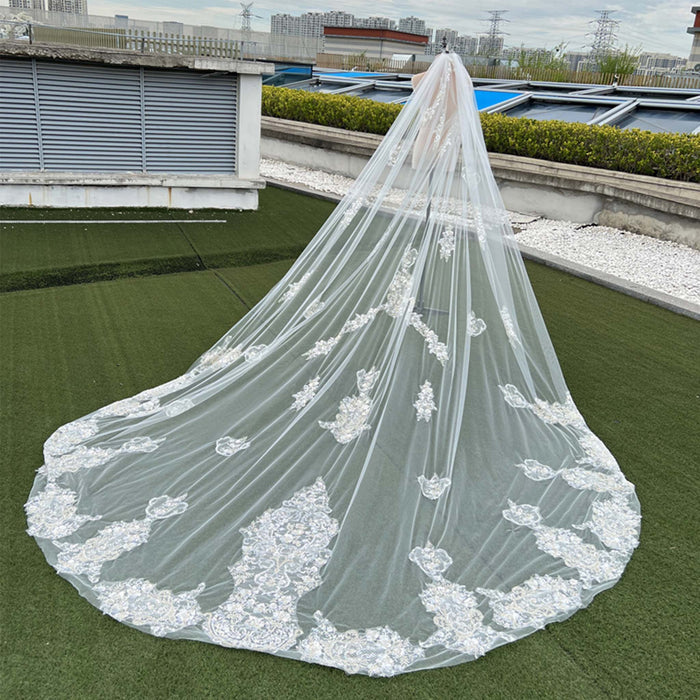 Lace Applique Long Bridal Wedding Dress Head Veil - Rosymae