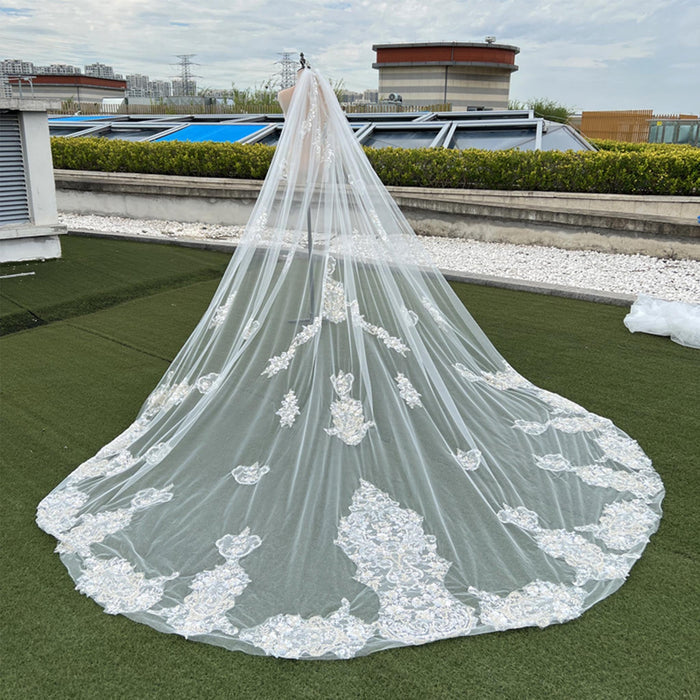 Lace Applique Long Bridal Wedding Dress Head Veil - Rosymae
