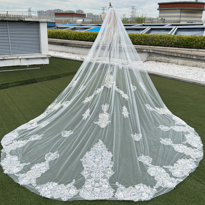Lace Applique Long Bridal Wedding Dress Head Veil - Rosymae