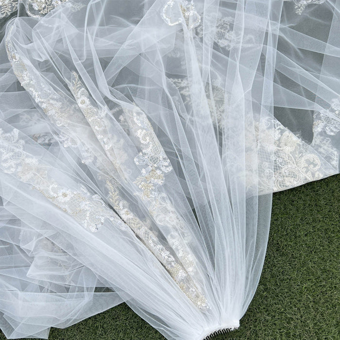 Lace Applique Long Bridal Wedding Dress Head Veil - Rosymae