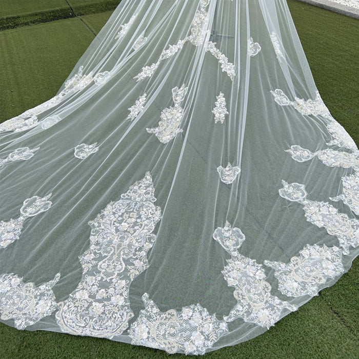 Lace Applique Long Bridal Wedding Dress Head Veil - Rosymae