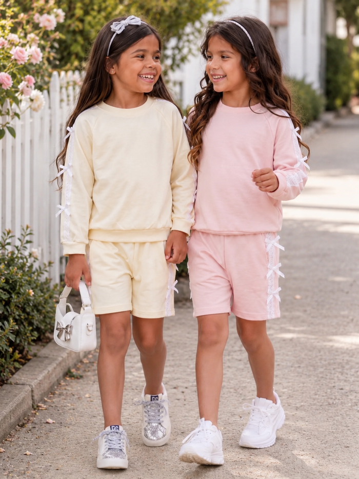 Lace Bow Cotton Sweatshirt and Short Set