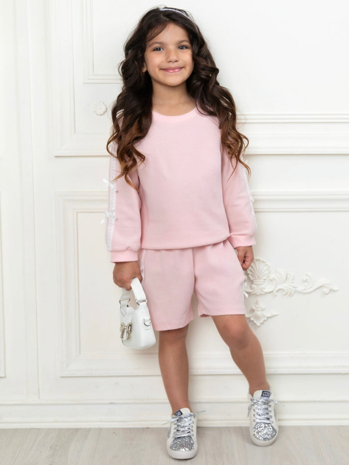 Cute girls pink two piece set with sweatshirt and shorts