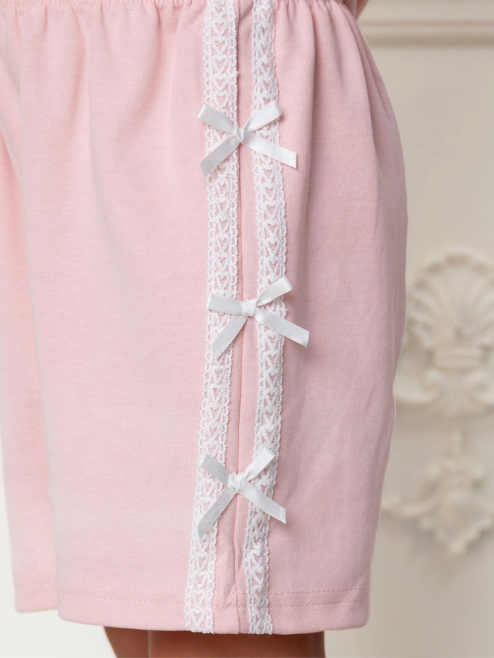 Girls pink casual outfit with lace ribbon details