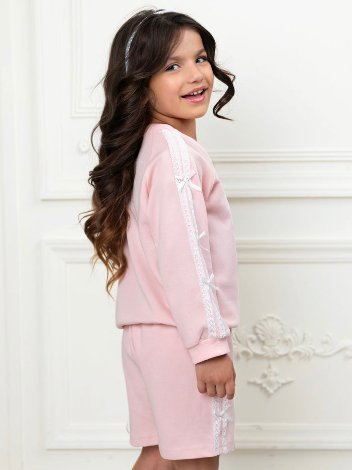 Pink girls everyday set with matching shorts and bow trim