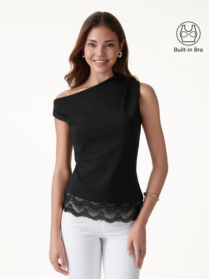 OGLmove Lace Trim Cotton Lyocell Asymmetrical Shoulder Top Black XS