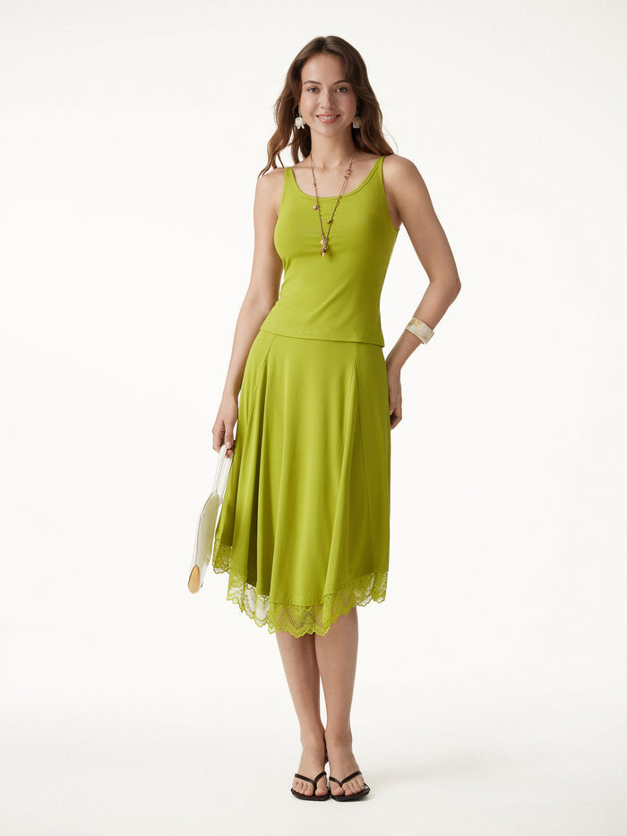 OGLmove Lace Trim Midi Circle Flare Skirt