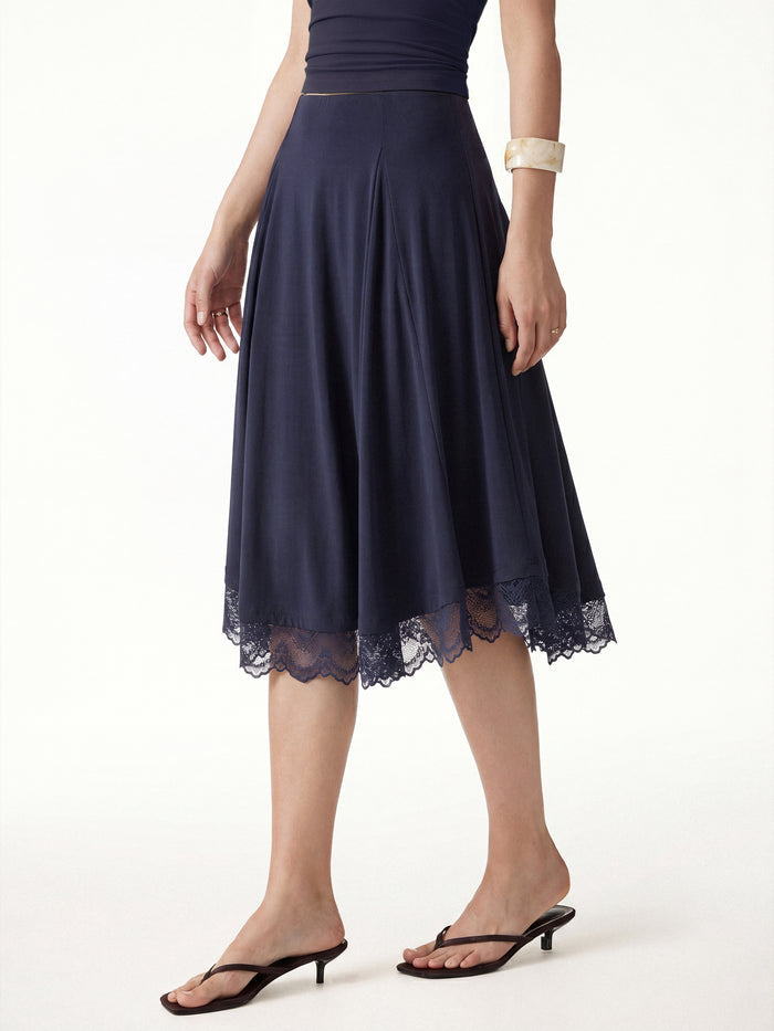 OGLmove Lace Trim Midi Circle Flare Skirt Midnight Navy XS