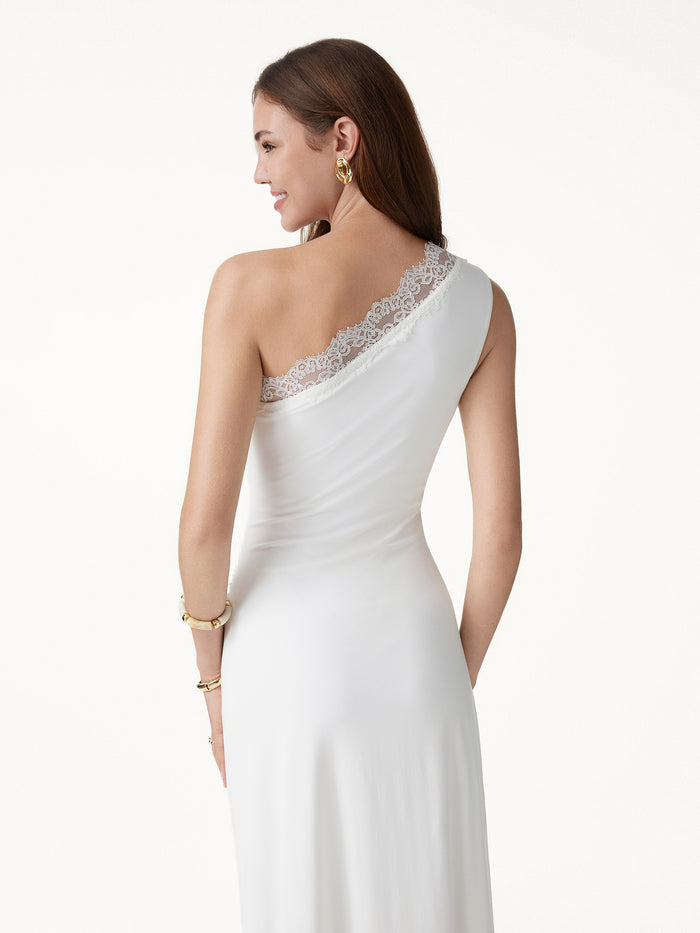 OGLmove Lace Trim One Shoulder Ruched Bra Dress
