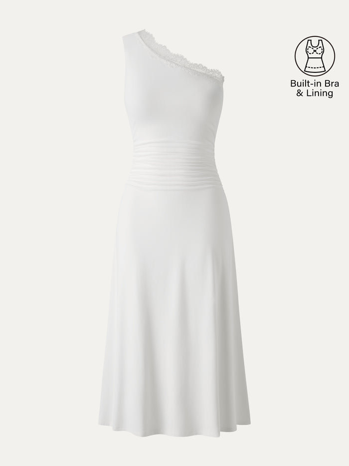 OGLmove Lace Trim One Shoulder Ruched Bra Dress