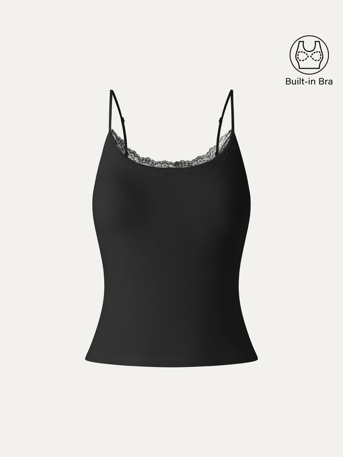 OGLmove Lace Trim Scoop Neck Spaghetti Bra Top Black XS