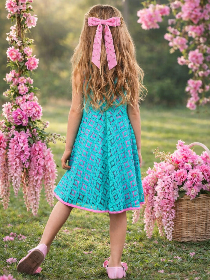 Teal and pink spring dress for girls graduation and church