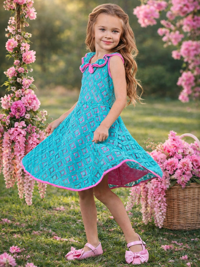Girls teal twirl dress with pink trim for special occasions