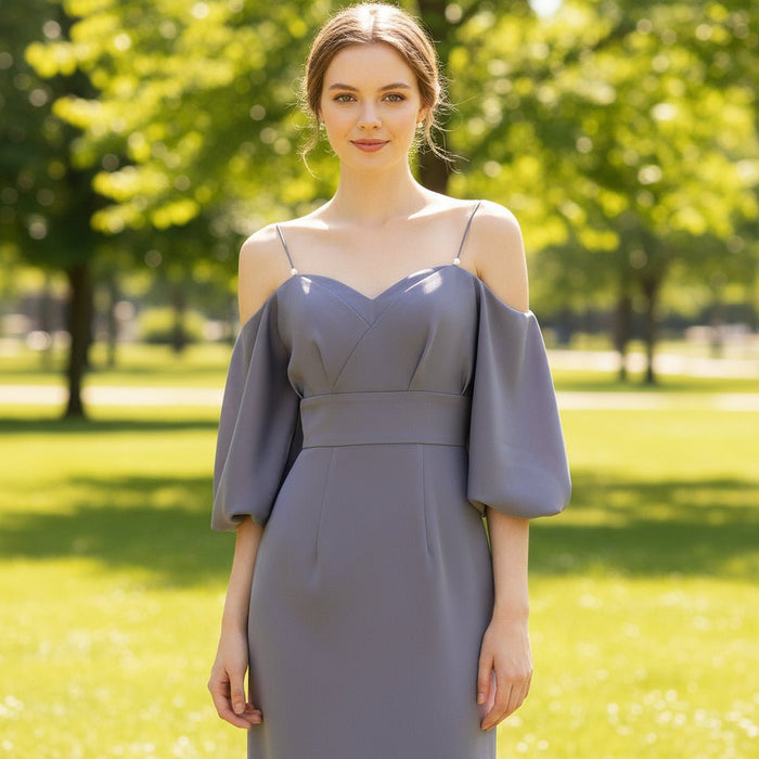 Lantern Half Sleeve Bridesmaid Dress with Spagetti Strap - Rosymae