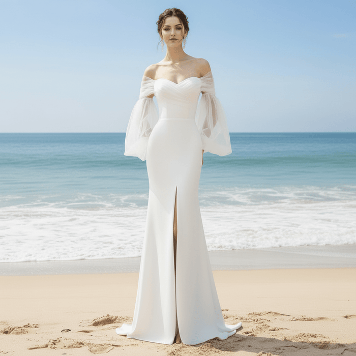Lantern Puffy Long Sleeve Mermaid Wedding Dresses with Leg Slit - Rosymae
