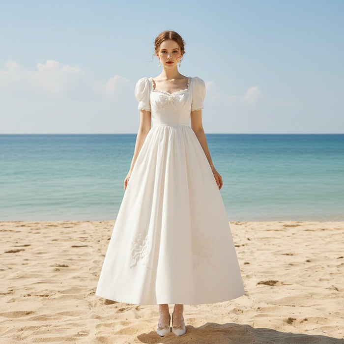 Lantern Short Sleeve Tea Length Wedding Dress with Square-neck - Rosymae