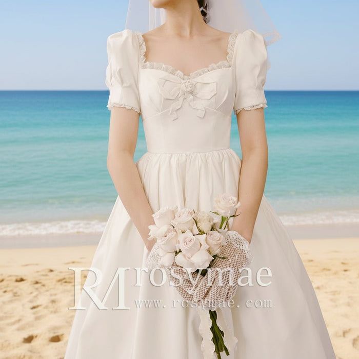 Lantern Short Sleeve Tea Length Wedding Dress with Square-neck - Rosymae