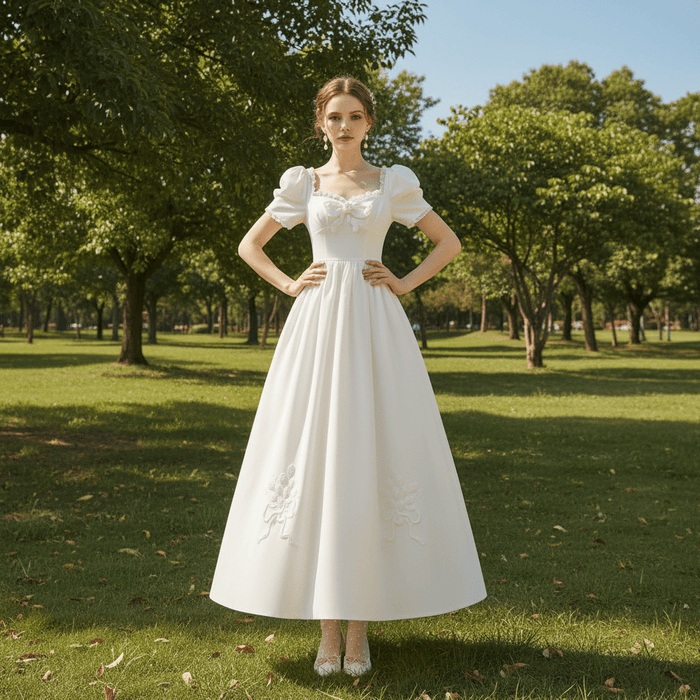 Lantern Short Sleeve Tea Length Wedding Dress with Square-neck - Rosymae
