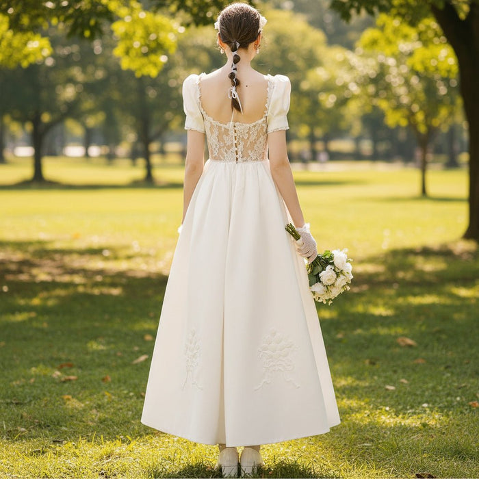 Lantern Short Sleeve Tea Length Wedding Dress with Square-neck - Rosymae