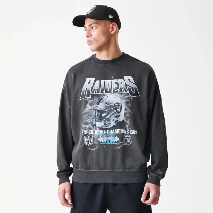 Las Vegas Raiders NFL Washed Boxy Dark Grey Oversized Crew Neck Sweater