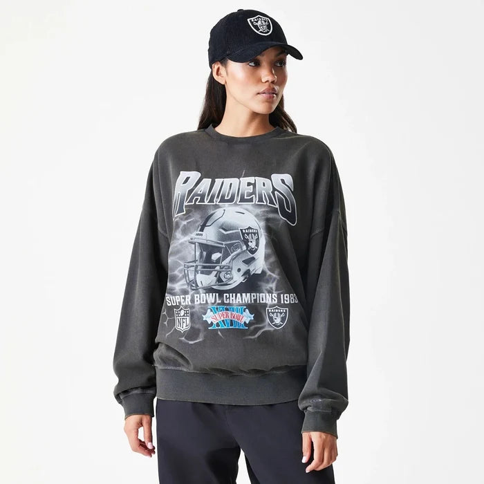 Las Vegas Raiders NFL Washed Boxy Dark Grey Oversized Crew Neck Sweater