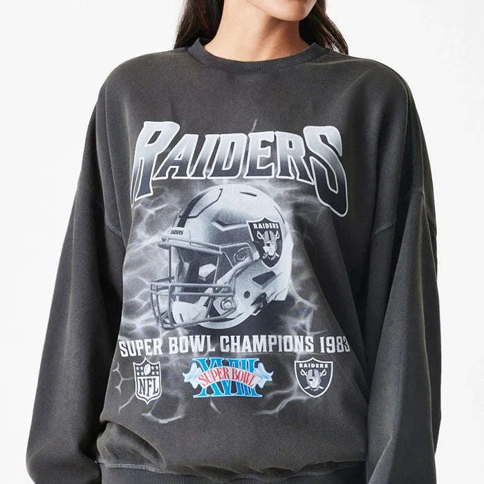 Las Vegas Raiders NFL Washed Boxy Dark Grey Oversized Crew Neck Sweater