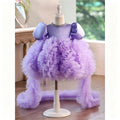 Lavender Puff Sleeve Ruffled Tulle Flower Girl Dress with Detachable Train J915