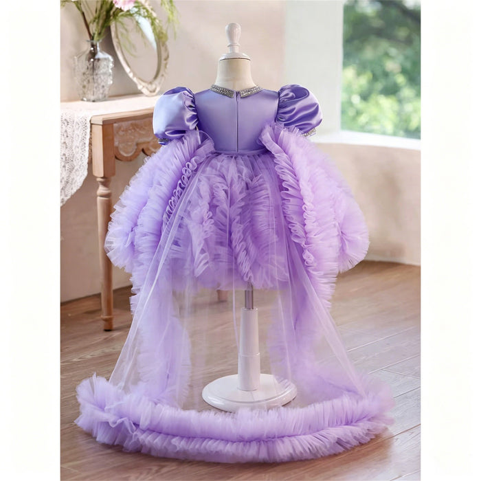 Lavender Puff Sleeve Ruffled Tulle Flower Girl Dress with Detachable Train J915