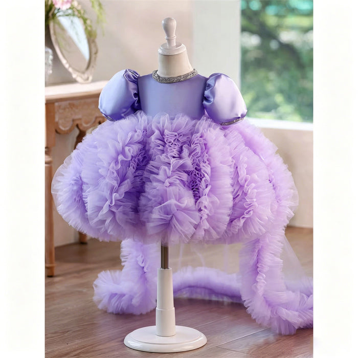 Lavender Puff Sleeve Ruffled Tulle Flower Girl Dress with Detachable Train J915