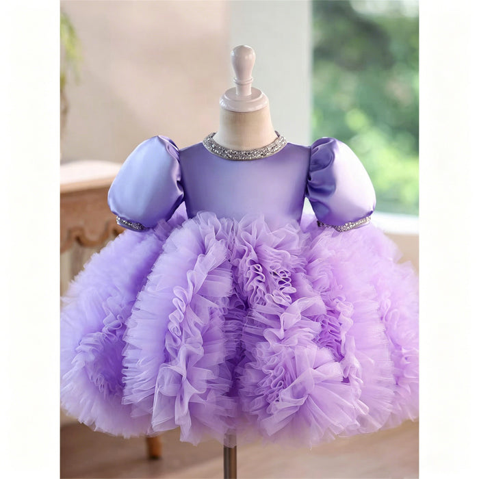 Lavender Puff Sleeve Ruffled Tulle Flower Girl Dress with Detachable Train J915