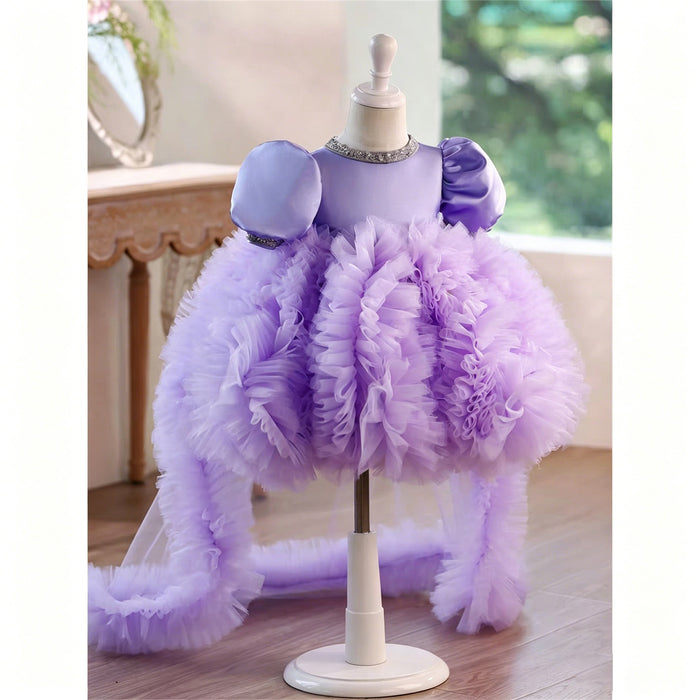 Lavender Puff Sleeve Ruffled Tulle Flower Girl Dress with Detachable Train J915